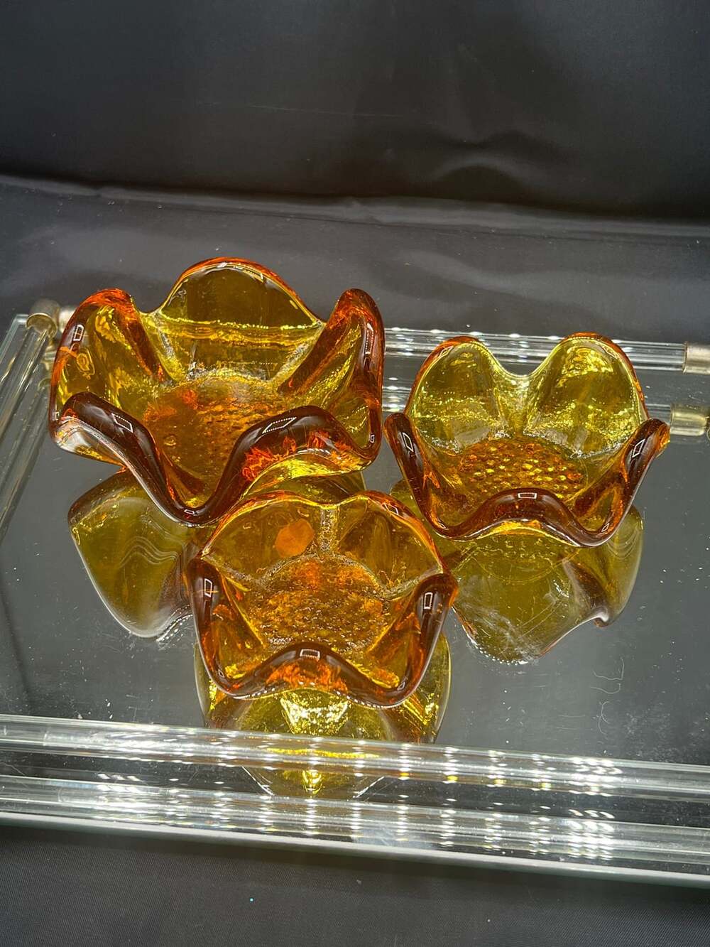 VINTAGE SET OF 3 MURANO AMBER GLASS STACKABLE NESTING BOWLS / ASHTRAYS